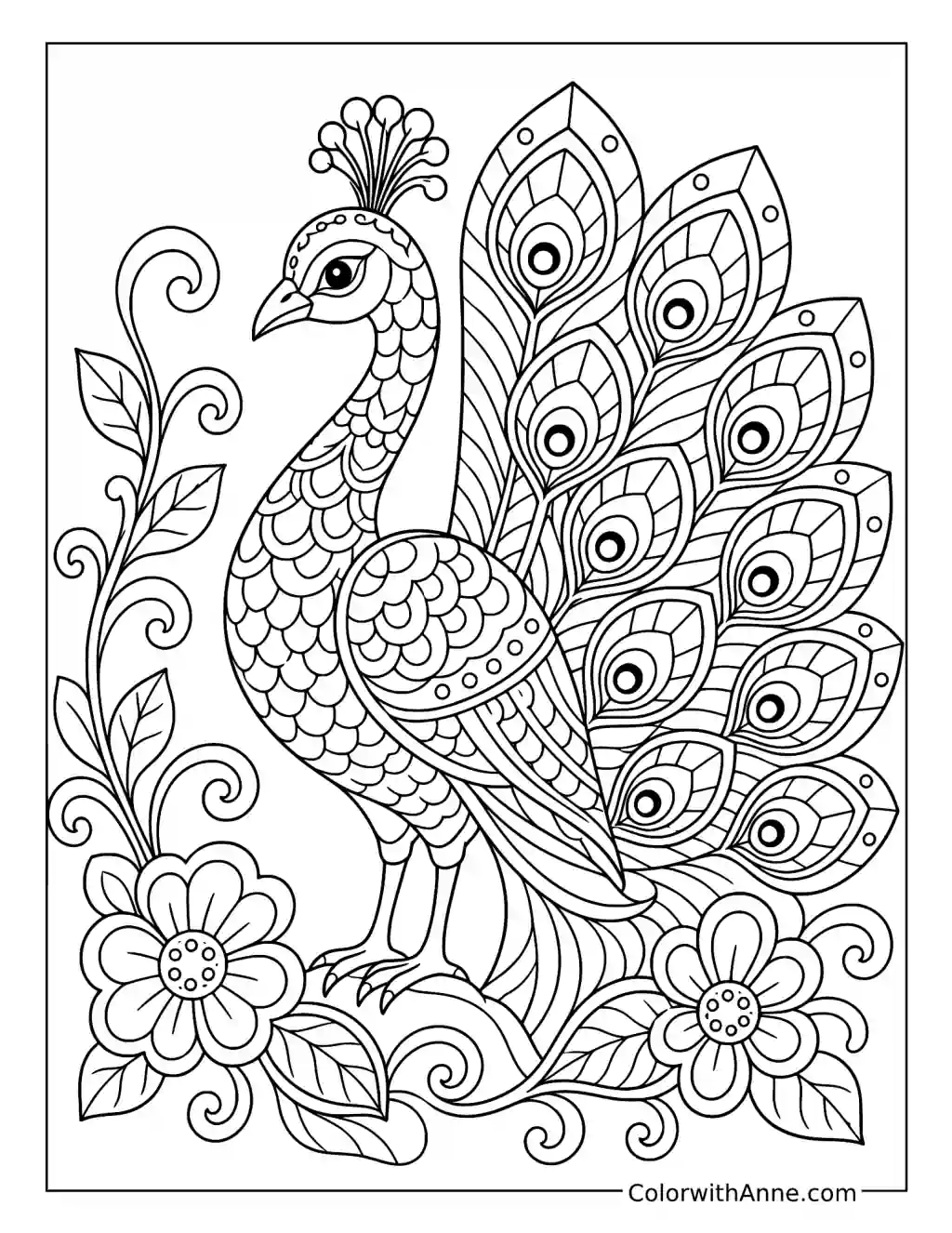 Zentangle Peacock with Floral Accents coloring page