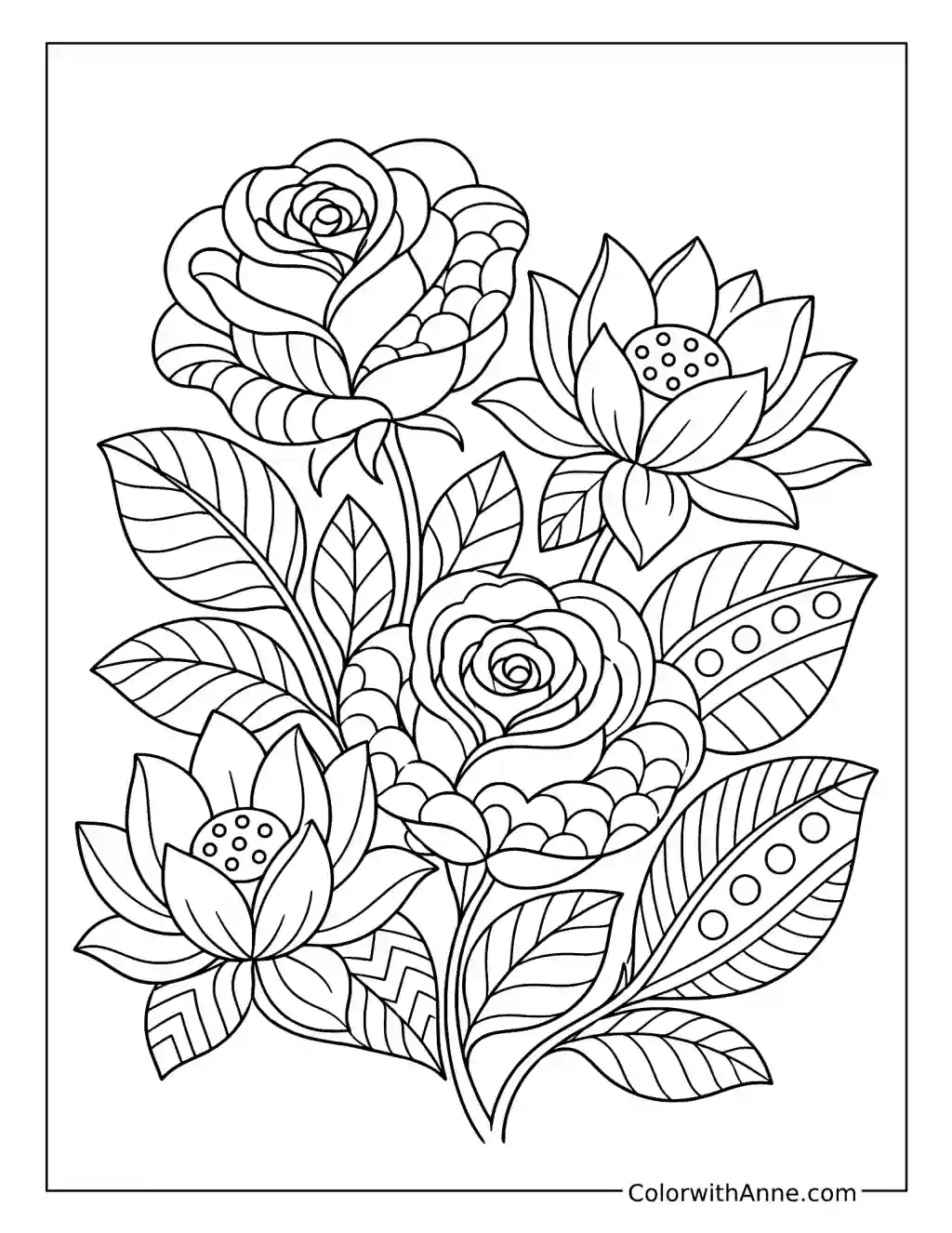 Zentangle Rose and Lotus Bouquet coloring page