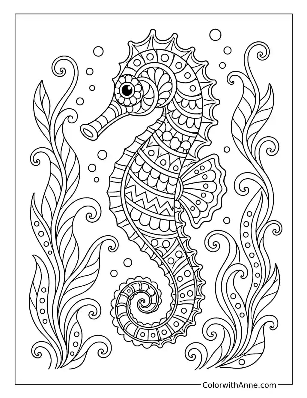 Zentangle Seahorse Among Flowing Seaweed coloring page