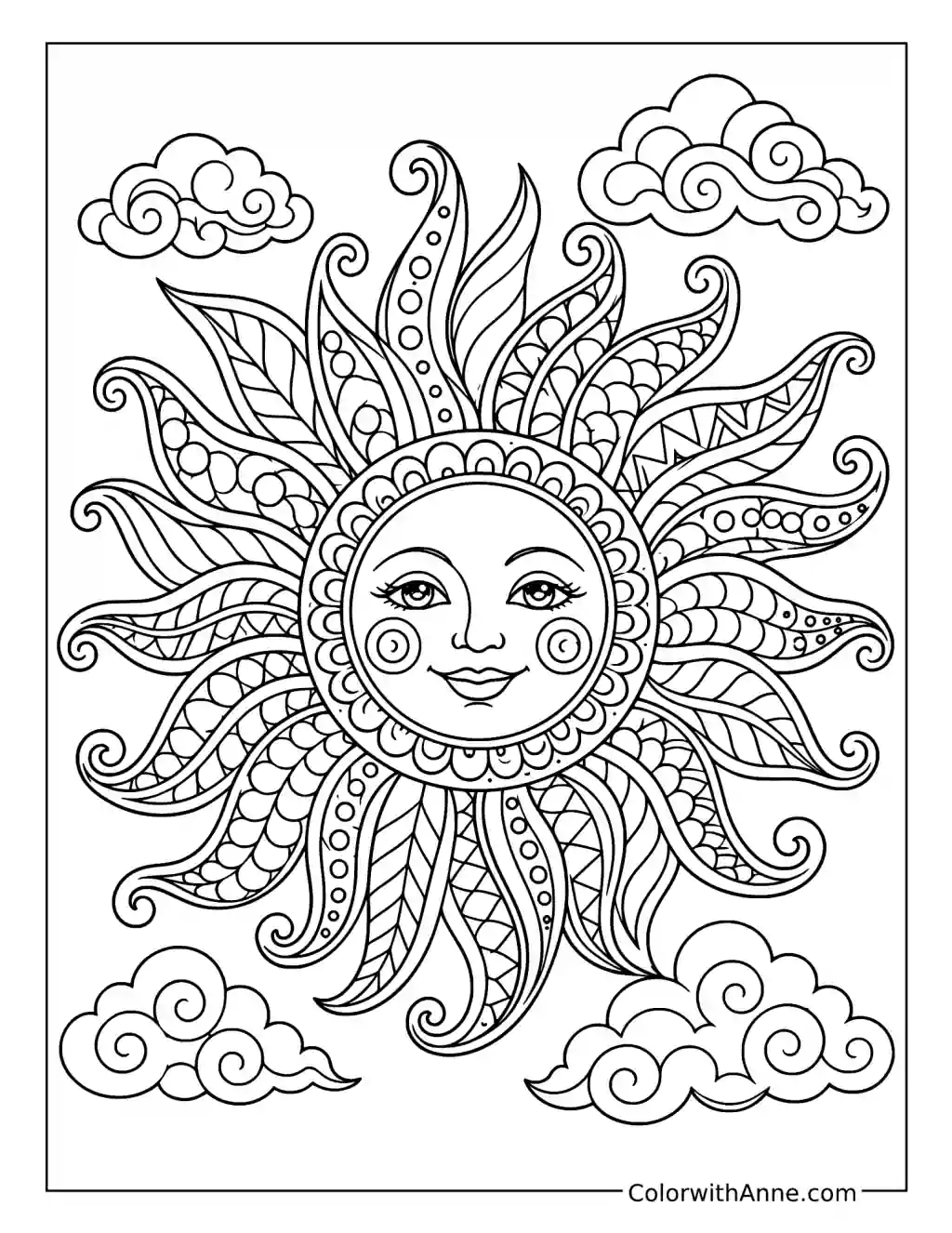 Zentangle Sun and Swirling Clouds coloring page
