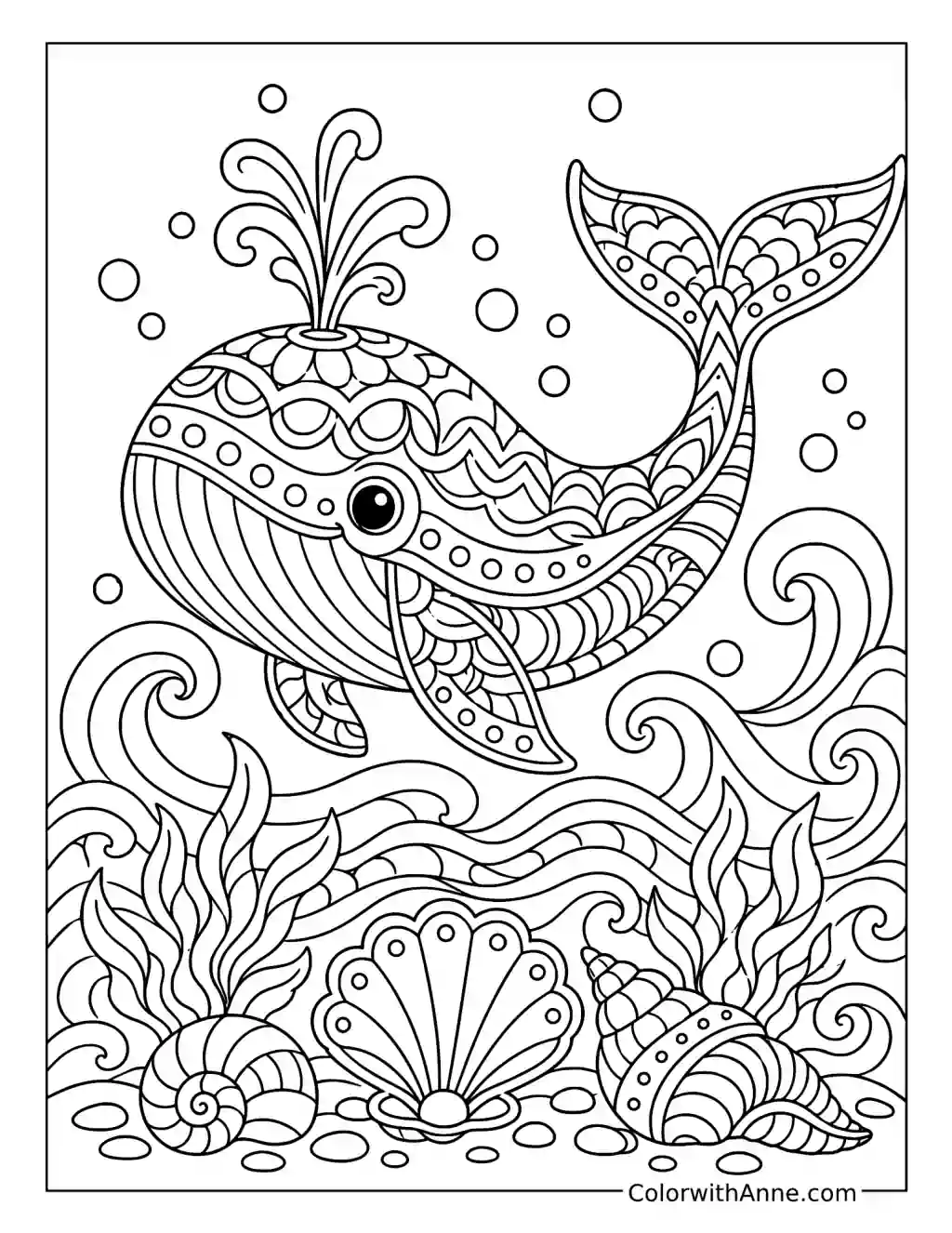 Zentangle Whale Above Ocean Shells coloring page